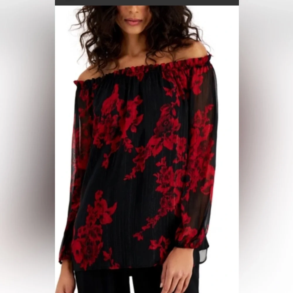 Nine West Top,‎ Black,red print, elastic neckline could wear off shoulder S NWT